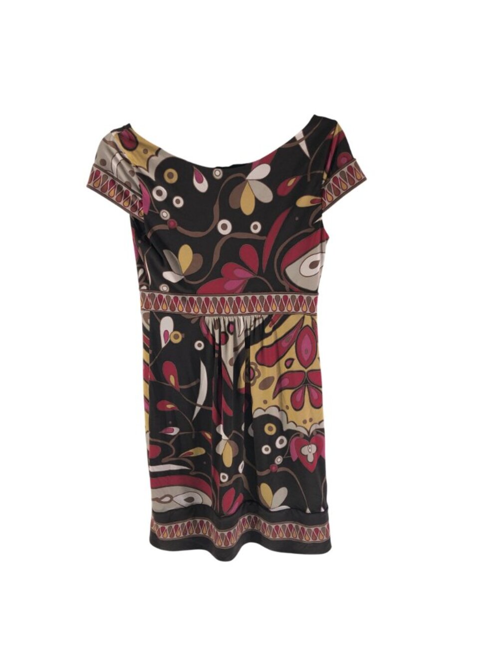 BCBGMaxAzria Shift Dress Cap Sleeve Geometric Bold Print Brown Red XS - Picture 2 of 4